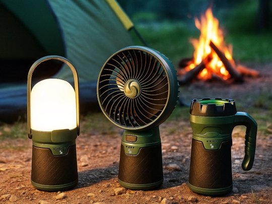 Set 3 in 1 da campeggio: ventilatore + torcia + lanterna